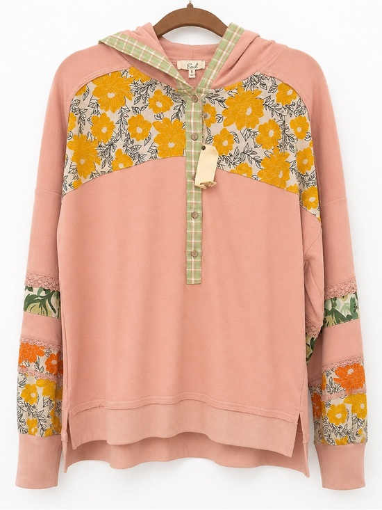 easel Sweaters - easel patchwork boho sweater Hooded Pullover Floral prairie cottagecore blouse